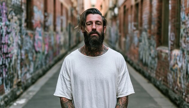 Bearded man with tattoos standing in a narrow graffiti-covered alleyway