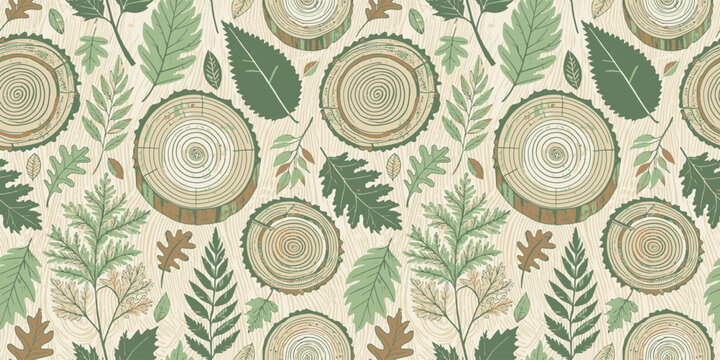 Elegant botanical and geometric pattern with circular motifs and fern designs Vector