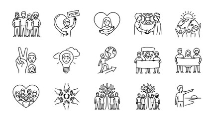 Obraz premium Diverse youth group icons, community, global unity, human connection, positive change, vector art