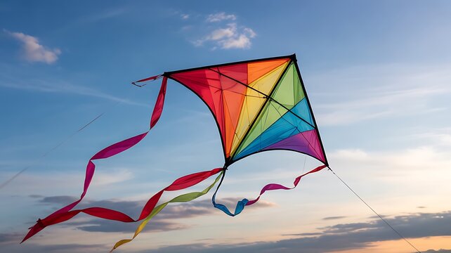 Colorful Rainbow Kite Flying in Blue Sky at Sunset