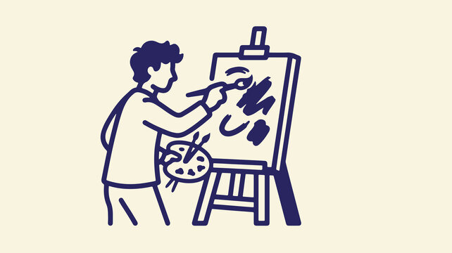 Male artist standing by easel painting colorful abstract artwork with brush and palette.
