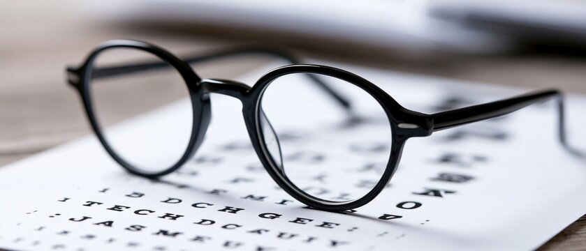 Black rimmed eyeglasses resting on an eye chart