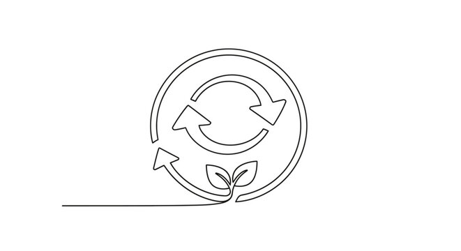 Recycling symbol with plant sprout, continuous line art, eco friendly concept