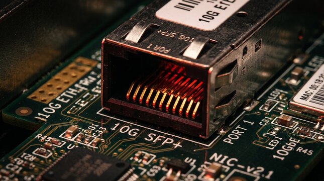 Macro view of a high-speed network transceiver port on a server motherboard for professional data communication