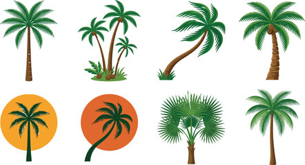 Obraz premium Set of various palm tree illustrations with tropical foliage and sunset silhouettes for summer design projects vector