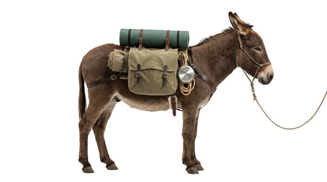 Brown donkey wearing a heavy canvas hiking pack and sleeping mat isolated on white background studio