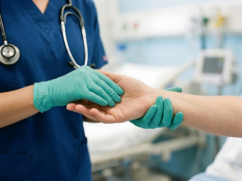 A medical professional wearing blue scrubs and green gloves checks a patients pulse in a hospital setting with a stethoscope around their neck