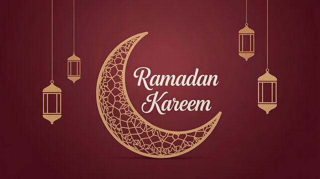 Ramadan Kareem Greeting Banner with Golden Crescent Moon Hanging Lanterns and Islamic Background