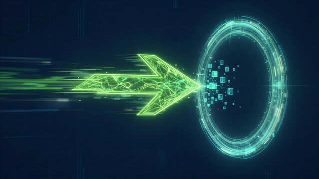 A glowing green arrow points toward a futuristic circular interface with digital data.