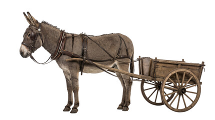 Sturdy grey donkey wearing leather harness while pulling a traditional wooden cart isolated on white background © Muhammad