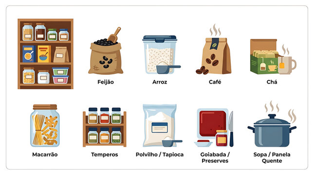 Kitchen pantry organization and food storage icons set, including dry goods, spices, and cooking utensils