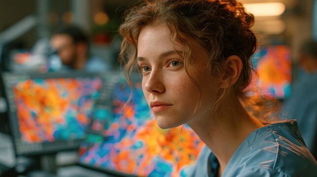 Focused Scientist in Laboratory: A young female scientist with curly hair intently studies colorful data displayed on a computer monitor.