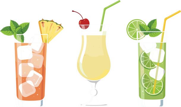 Tropical summer cocktail drinks vector illustration set with mojito pina colada mai tai lime mint pineapple cherry isolated on white background for beach bar menu