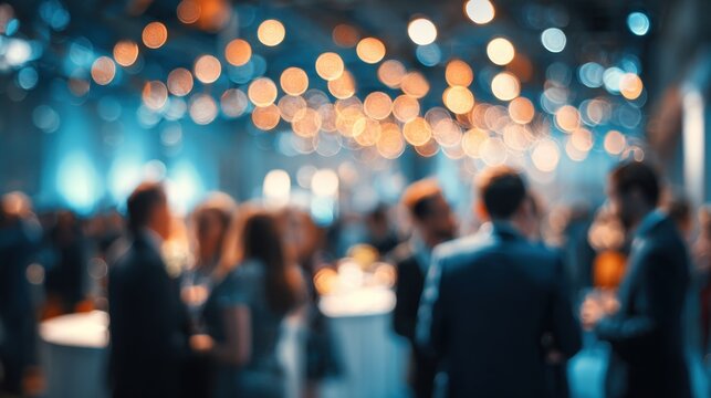 Blurred business networking event with bokeh lights and crowd