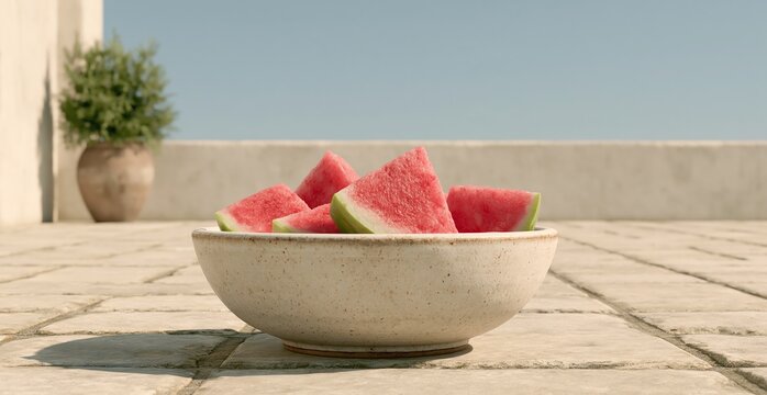 seedless watermelon in a bowl; blue sky in the background
