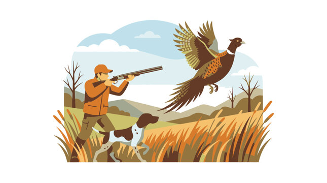 Hunter Aiming at Bird in Nature Scene with Dog and Landscape.