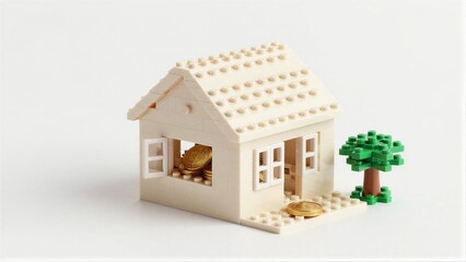 Obraz premium Lego house filled with gold coins, small tree beside it.
