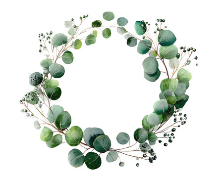 Eucalyptus wreath green leaf branch circle botanical frame on transparency background