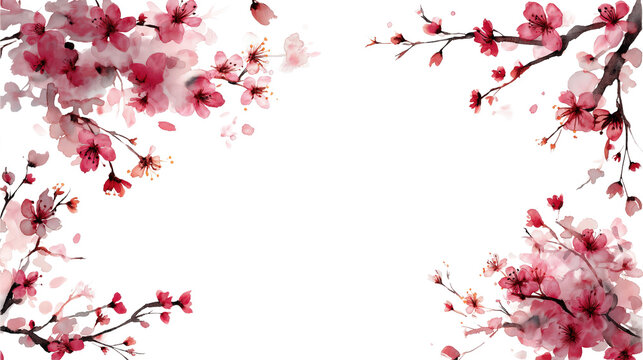 Pink flower blossom branch floral frame border on transparency background