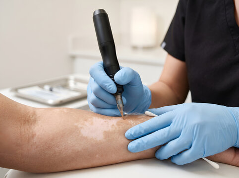 Permanent makeup tattoo camouflage procedure for vitiligo skin spots on forearm