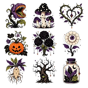 Creepy Poisonous Plants and Dark Botanical Icon Set