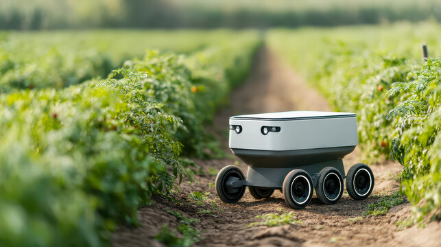 Autonomous agricultural ground robot driving along dirt path between green crop rows in sunlit field with blurred perspective