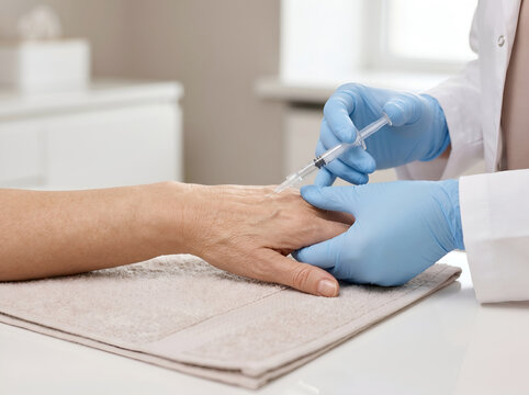 Doctor injecting dermal filler or mesotherapy into mature woman's hand for skin rejuvenation
