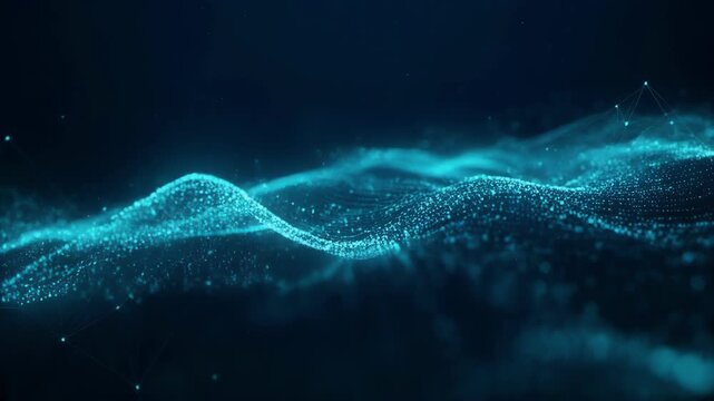 Abstract digital wave of glowing blue particles and connecting lines on dark background