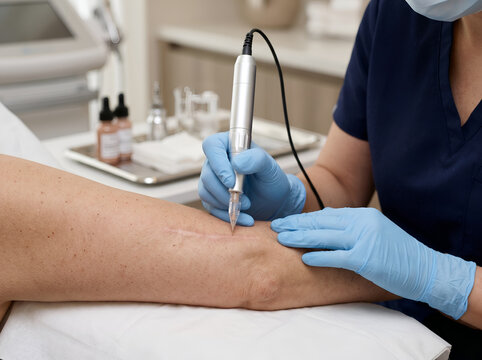 Permanent makeup camouflage tattoo treatment for surgical scar on patient's leg
