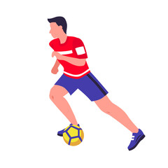 Fototapeta premium Cartoon illustration of a soccer player dribbling a ball in action pose transparent background