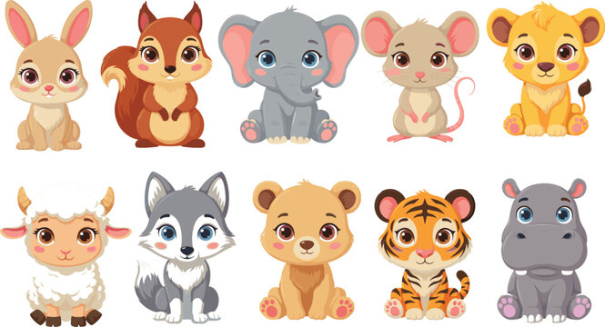 Cute baby animals cartoon vector set with big eyes including lion tiger elephant bear wolf rabbit hippopotamus sheep mouse and squirrel isolated on white.