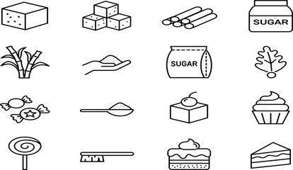 Fototapeta premium Sugar Production and Confectionery Sweets Thin Line Icon Vector Illustration Set Featuring Sugar Cubes Sugarcane Candy Cupcakes Cakes Spoon and Toothbrush Elements