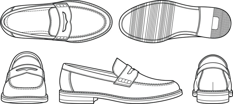 Technical fashion sketch of men slip on loafer shoes with multi angle views