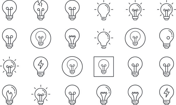 Creative Light Bulb and Innovation Idea Thin Line Icon Vector Illustration Set Featuring Broken Halogen Incandescent and Glowing Electric Bulbs