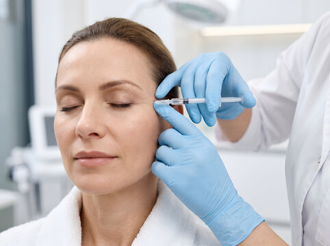 Cosmetologist injecting neurotoxin near middle-aged woman's eye for crows feet wrinkles