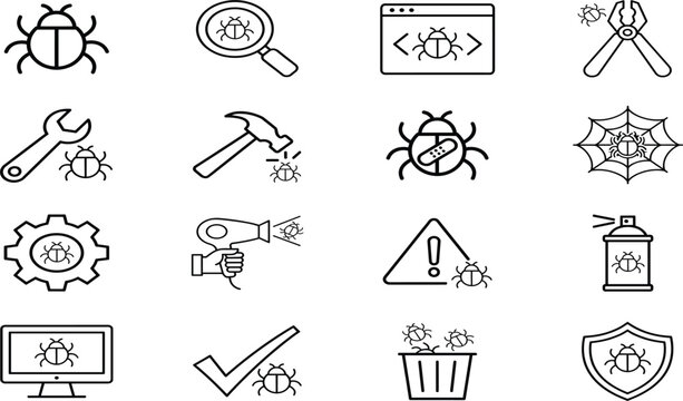 Computer bug and software testing icon set vector illustration line art style programming errors debugging tools web security symbols isolated on white background.