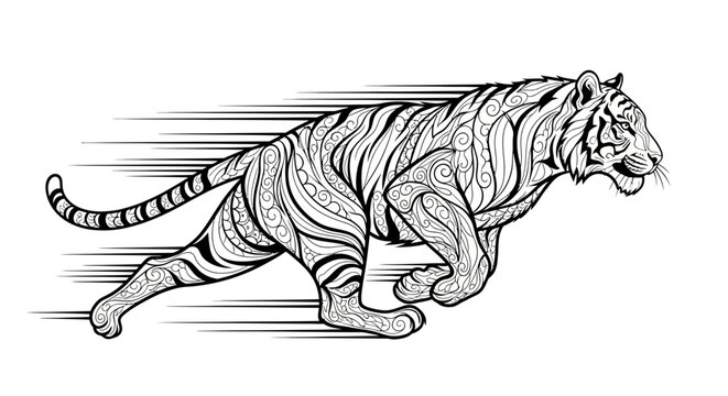 Running tiger line art with intricate patterns on white background