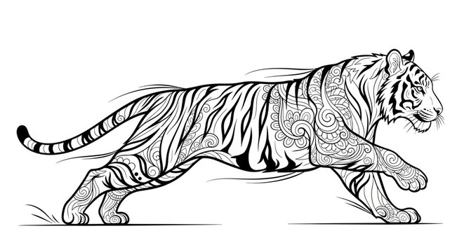 Running tiger line art with intricate zentangle floral patterns