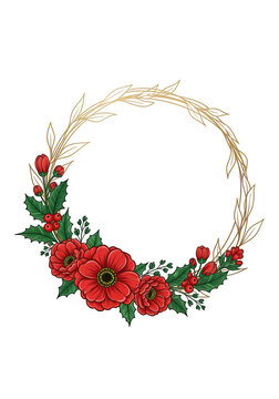 Elegant wreath adorned with red roses and greenery framed in gold isolated on transparent background