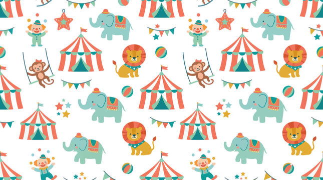 Kids Circus Animals and Clowns Flat Cartoon Seamless Pattern Illustration for Children's Entertainment