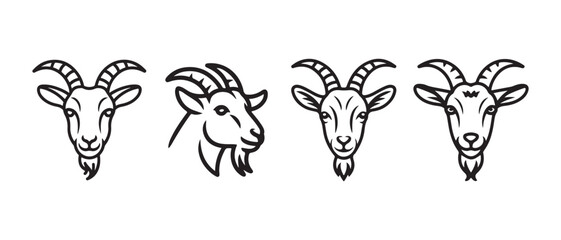 Fototapeta premium Set of goat head icons in simple black line art style.