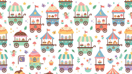 Naklejka premium Whimsical Fantasy Dessert Food Carts Seamless Pattern - Children's Fairyland Flat Vector Design