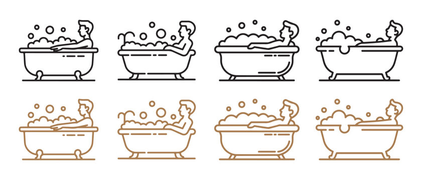 Person relaxing in a bubble bath inside a bathtub set in a minimalist line art illustration style.
