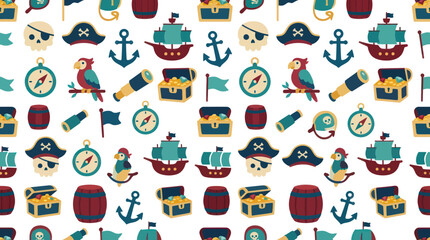 Fototapeta premium Cute Flat Pirate Seamless Pattern with Cartoon Nautical Adventure Icons for Kids Background