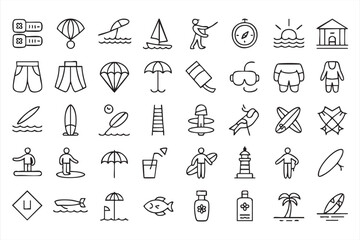Fototapeta premium Summer Holiday Outline Icons Collection With Sailboat Umbrella Surfboard and Swimwear