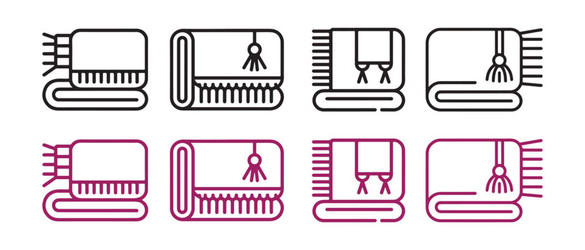 Collection of folded blanket icons featuring fringe and tassel details in a minimalist line art style.