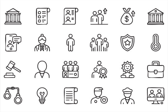 Legal Government Icon Set With Courthouse Gavel Civil Service and Policy Symbols