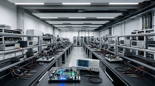 Electronics laboratory with oscilloscopes and circuit boards