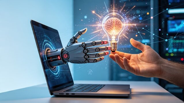 Robotic hand emerging from laptop screen offering glowing lightbulb containing human brain to real human hand, symbolizing AI-human collaboration, idea generation