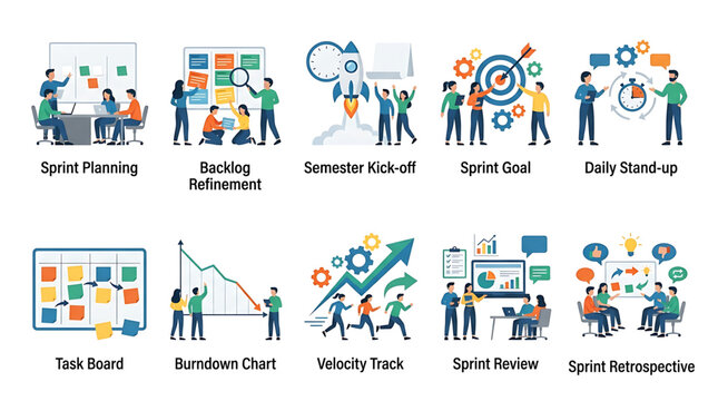 Agile project management concepts and terms illustrated in colorful flat design, including sprint planning, backlog refinement, and daily standup meetings